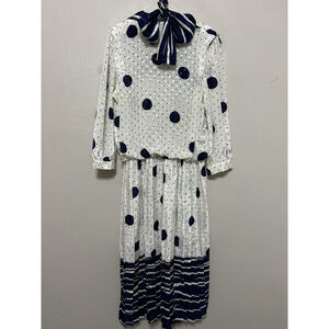 White & Navy Polka Dot Midi Dress with Bow Tie